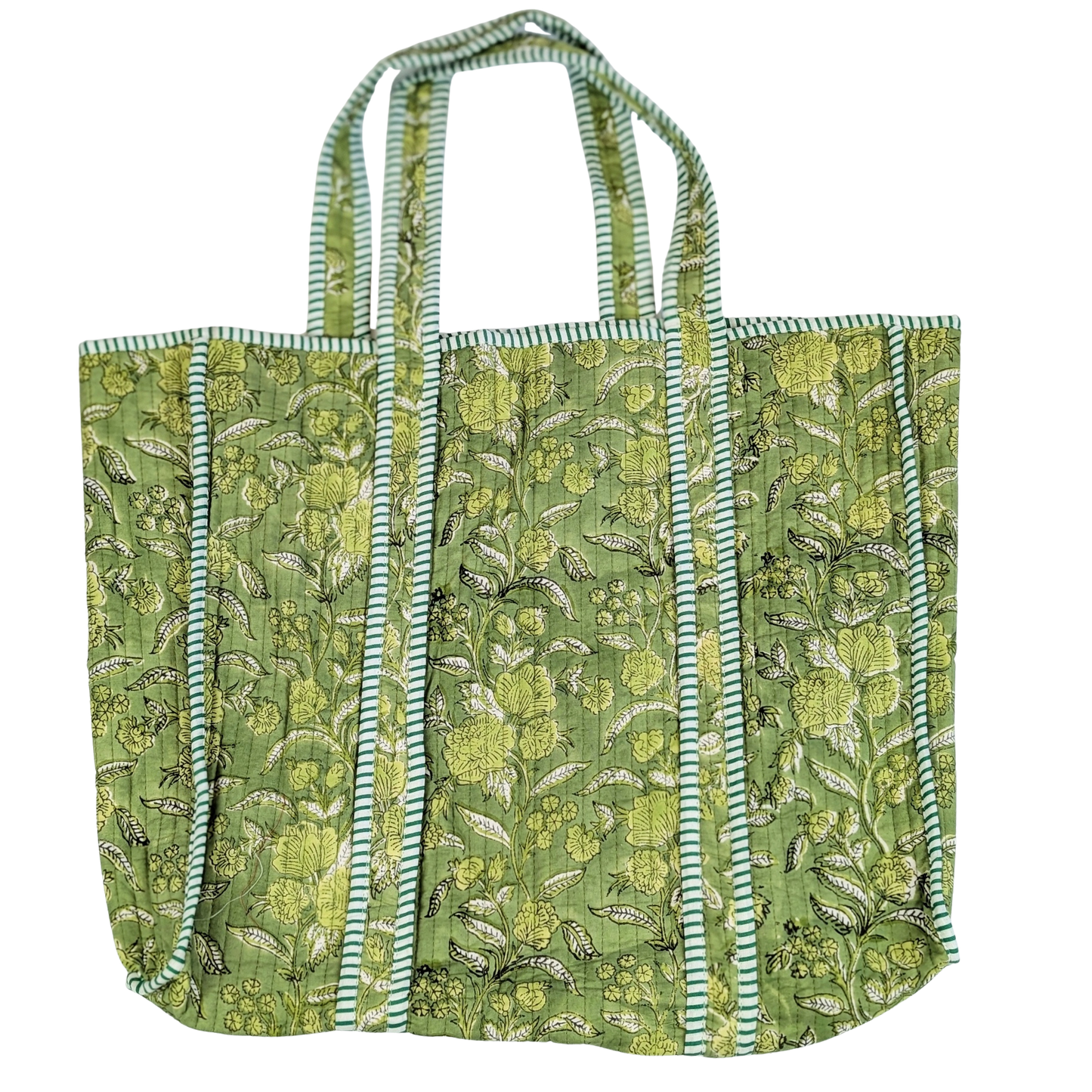 Cotton Soft Quilted Tote Bag Green Floral Block Print - Precious Sparkle
