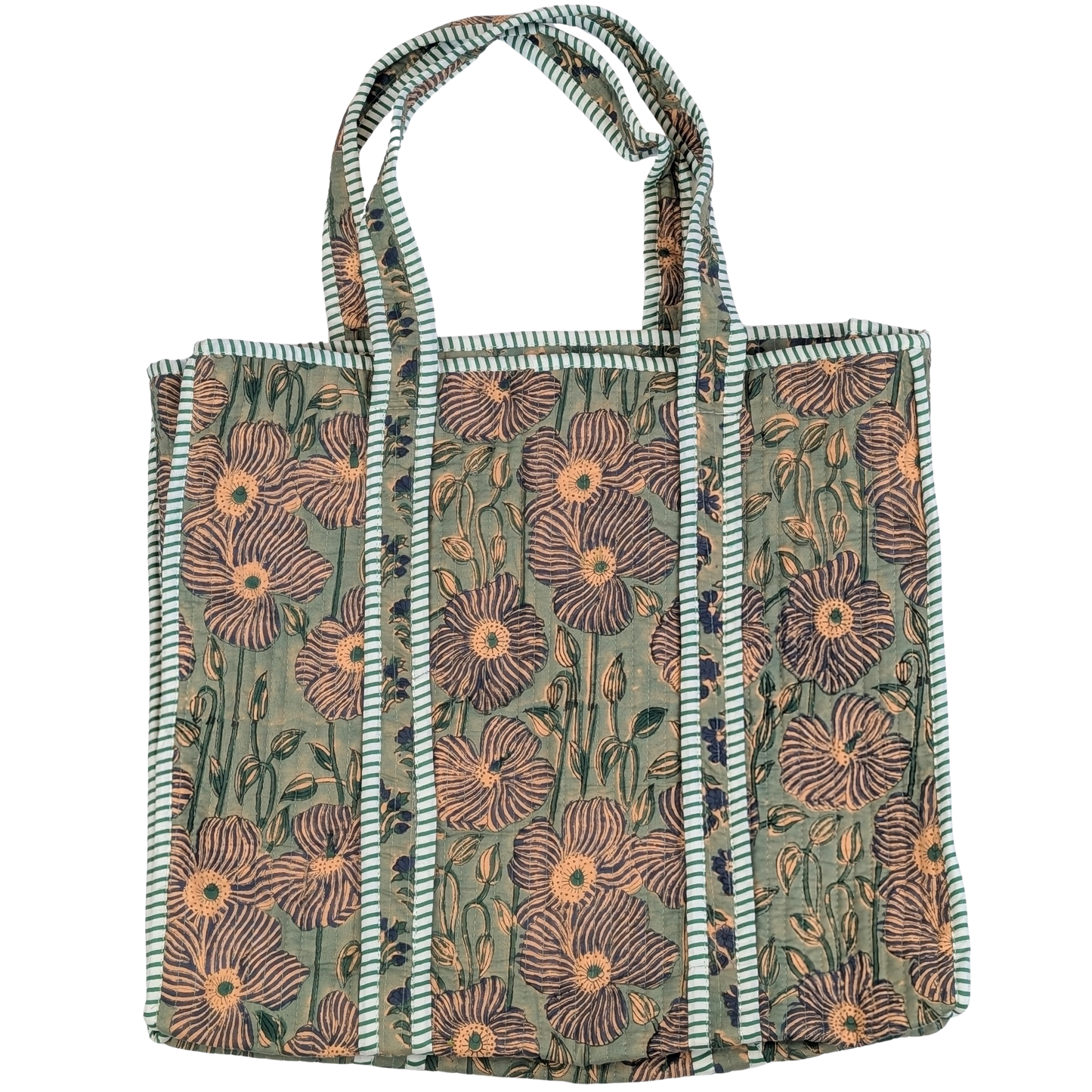 Cotton Soft Quilted Tote Bag Aqua Floral Block Print - Precious Sparkle