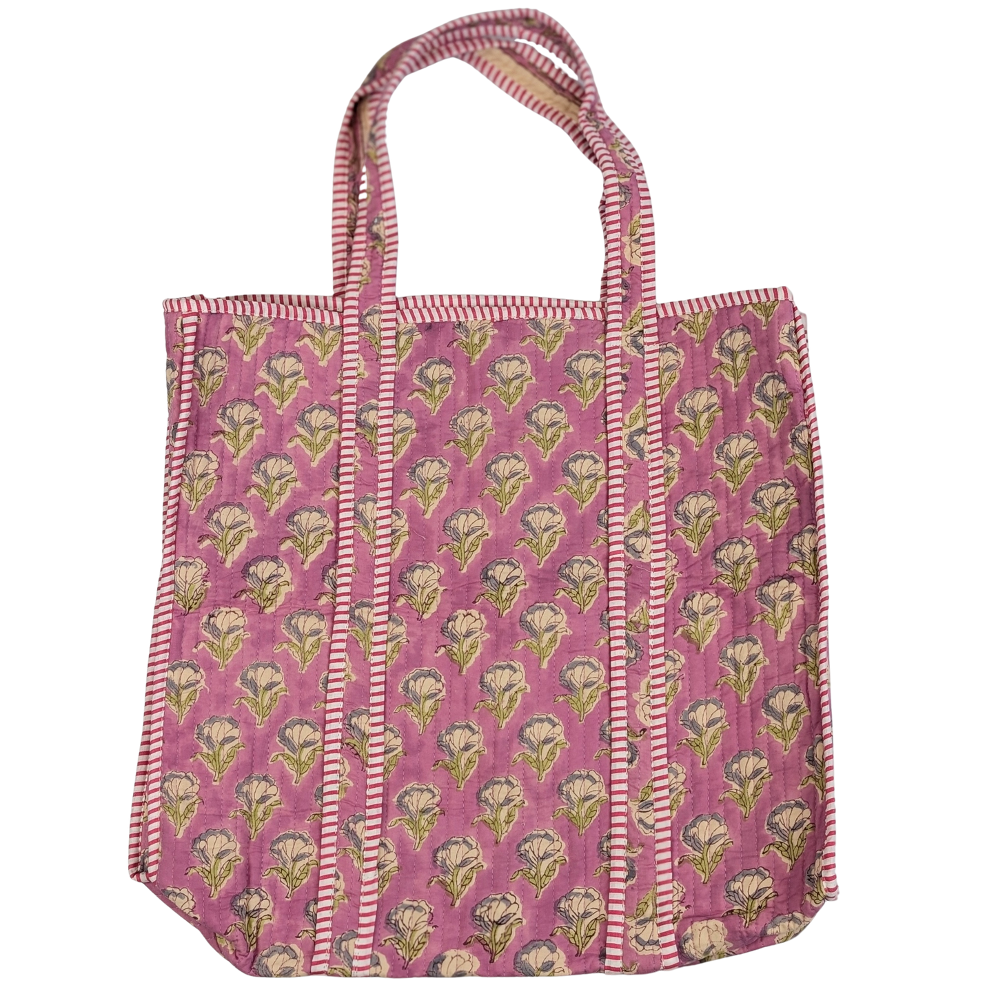 Cotton Soft Quilted Tote Bag Pink Floral Block Print - Precious Sparkle