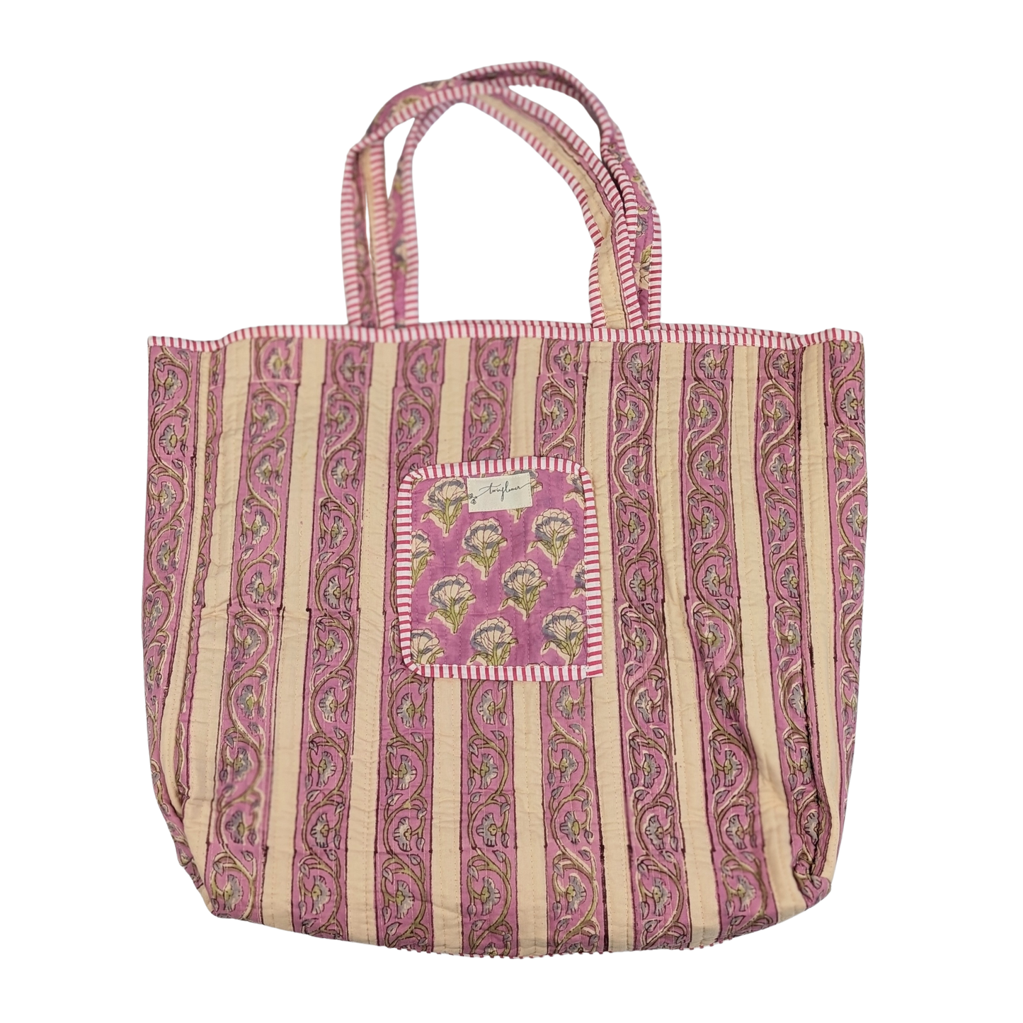 Cotton Soft Quilted Tote Bag Pink Floral Block Print - Precious Sparkle