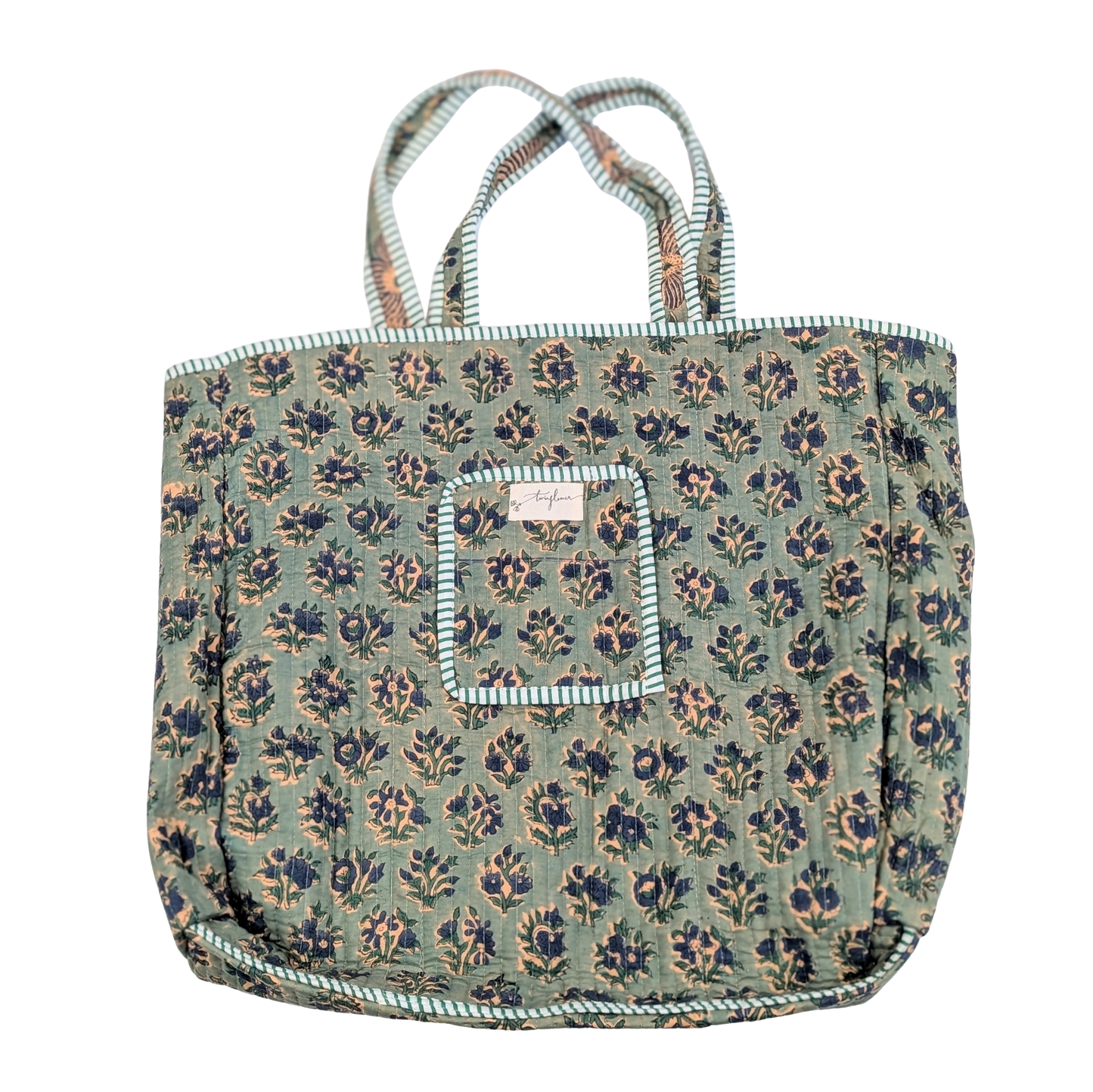 Cotton Soft Quilted Tote Bag Aqua Floral Block Print - Precious Sparkle