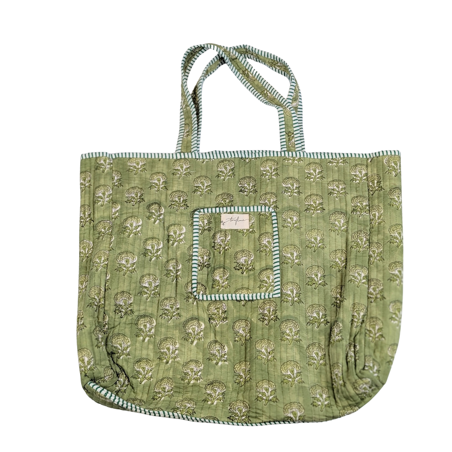Cotton Soft Quilted Tote Bag Green Floral Block Print - Precious Sparkle