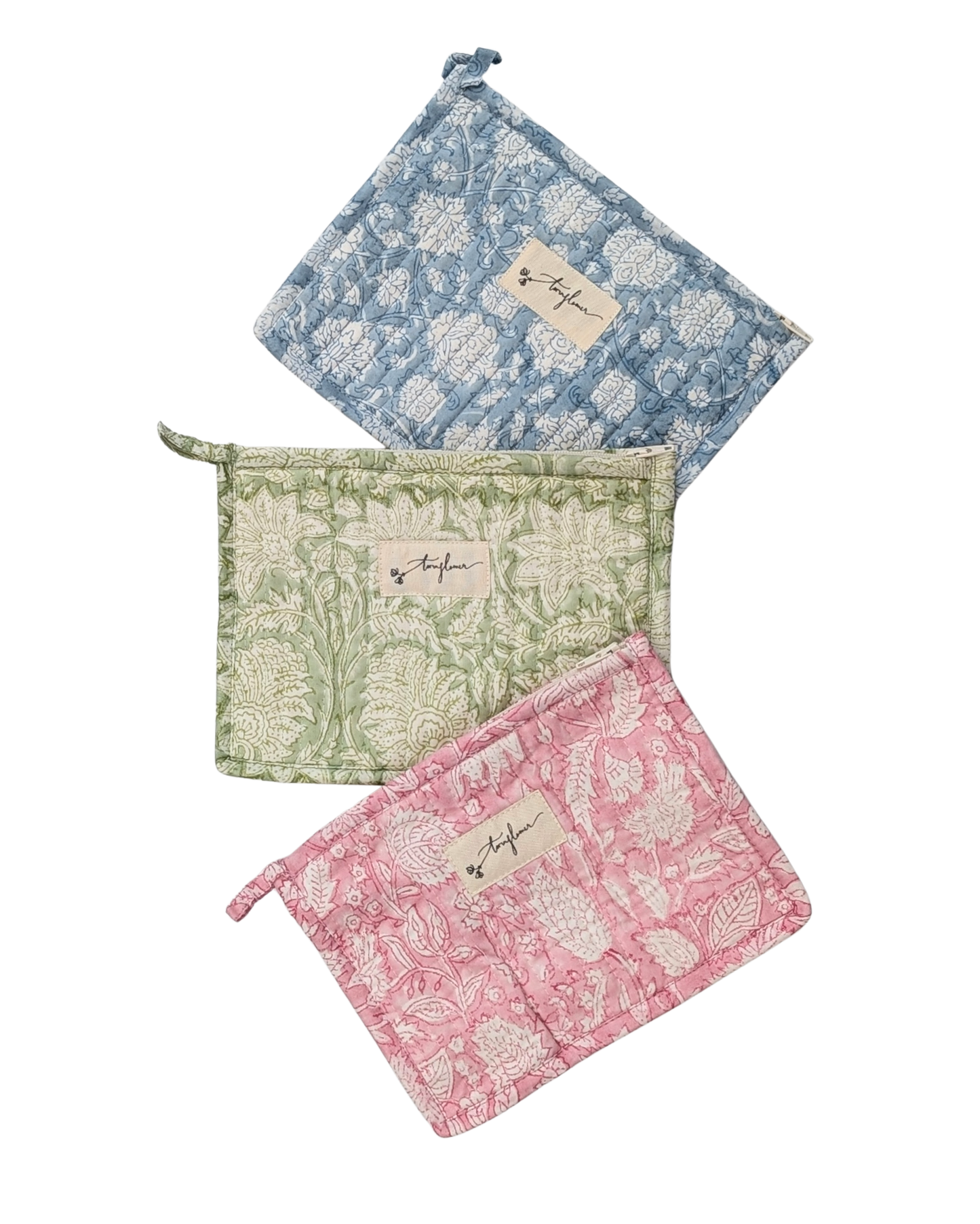 Green Floral Block Print Quilted Small Pouch Purse - Precious Sparkle