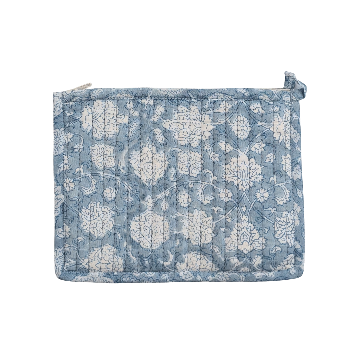 Blue Floral Block Print Quilted Medium Pouch Purse - Precious Sparkle