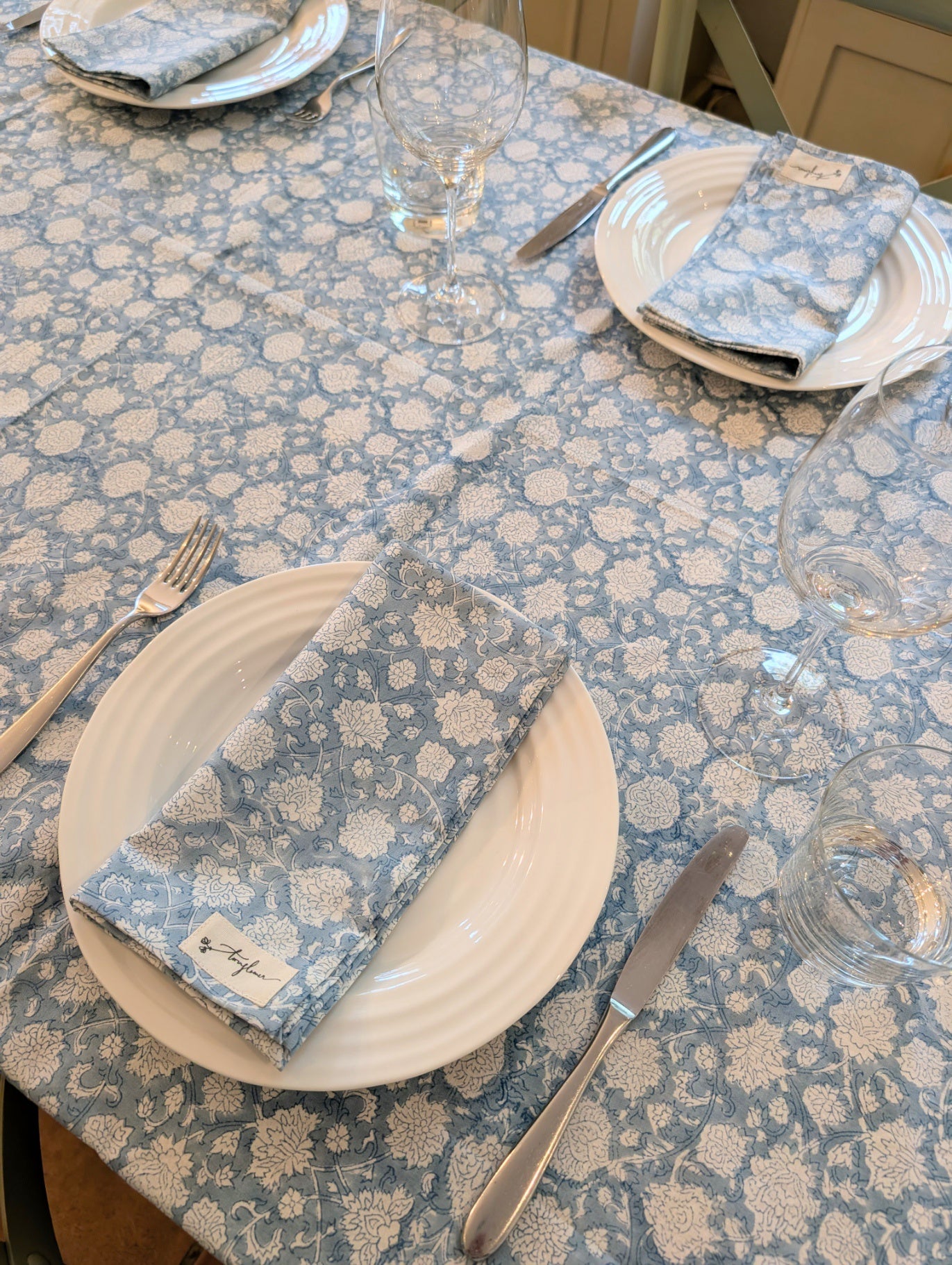 Blue Floral Block Printed Cotton Table Cloth 150x230cm - Precious Sparkle