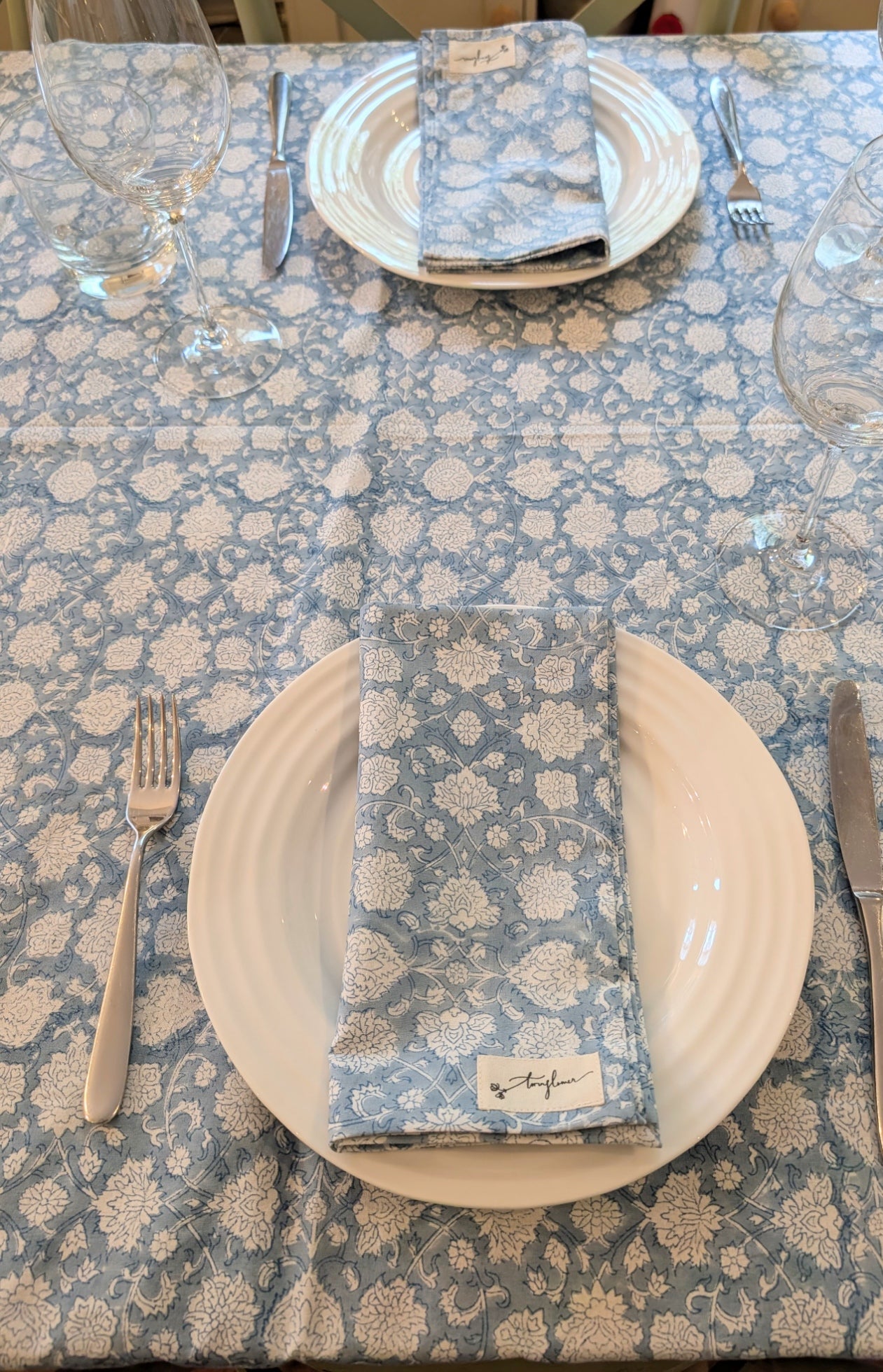 Blue Floral Block Printed Cotton Table Cloth 150x230cm - Precious Sparkle
