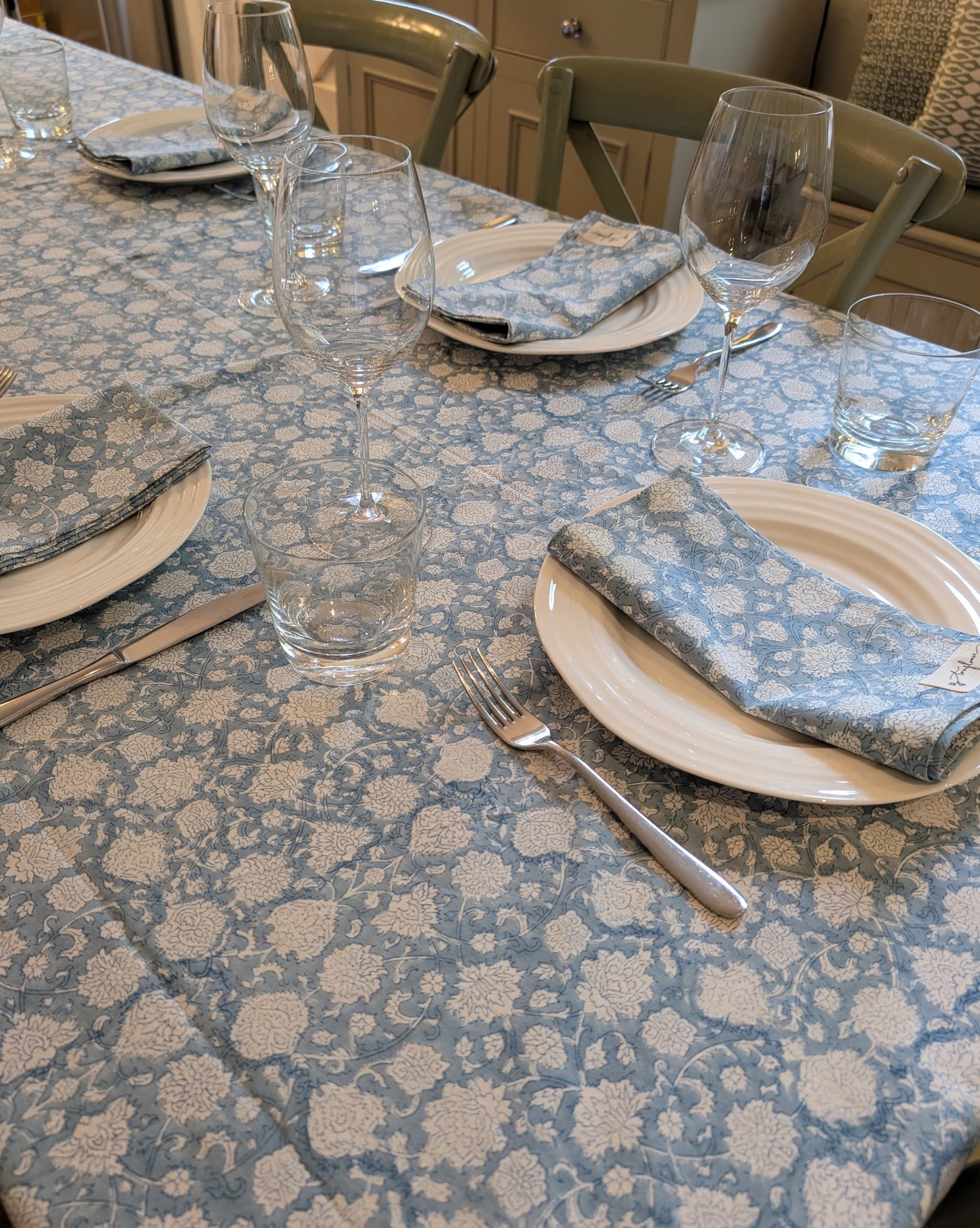 Blue Floral Block Printed Cotton Table Cloth 150x230cm - Precious Sparkle