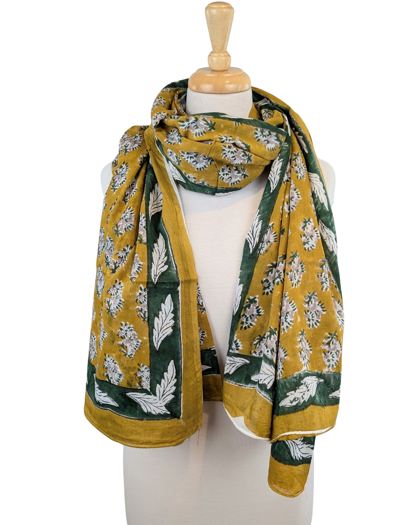 Mustard & Green Floral Block Print Cotton Sarong Scarf