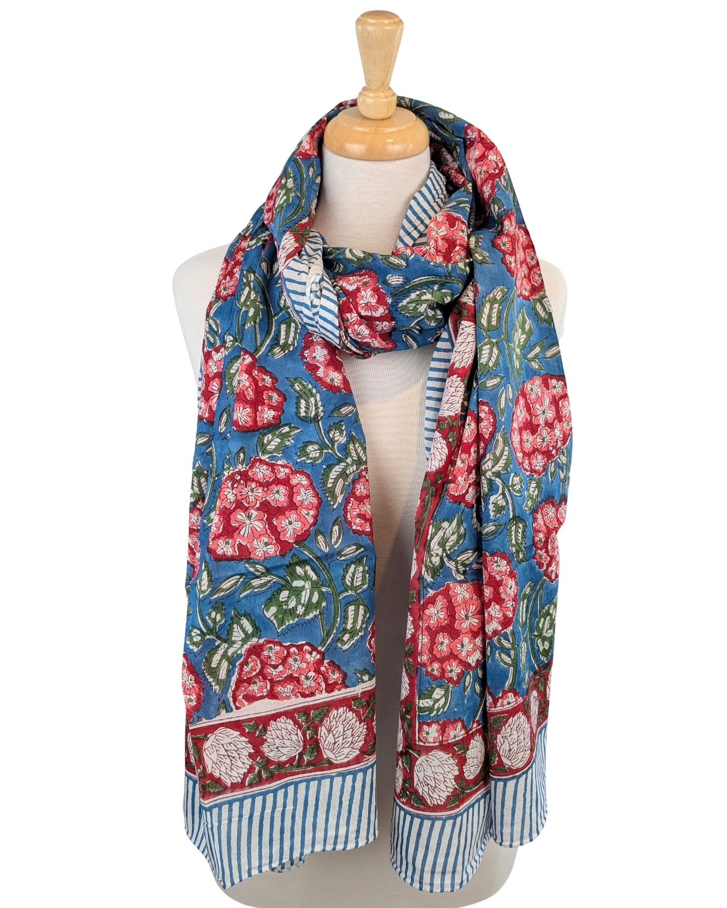 Red/Blue Rhododendron Block Print Cotton Sarong Scarf