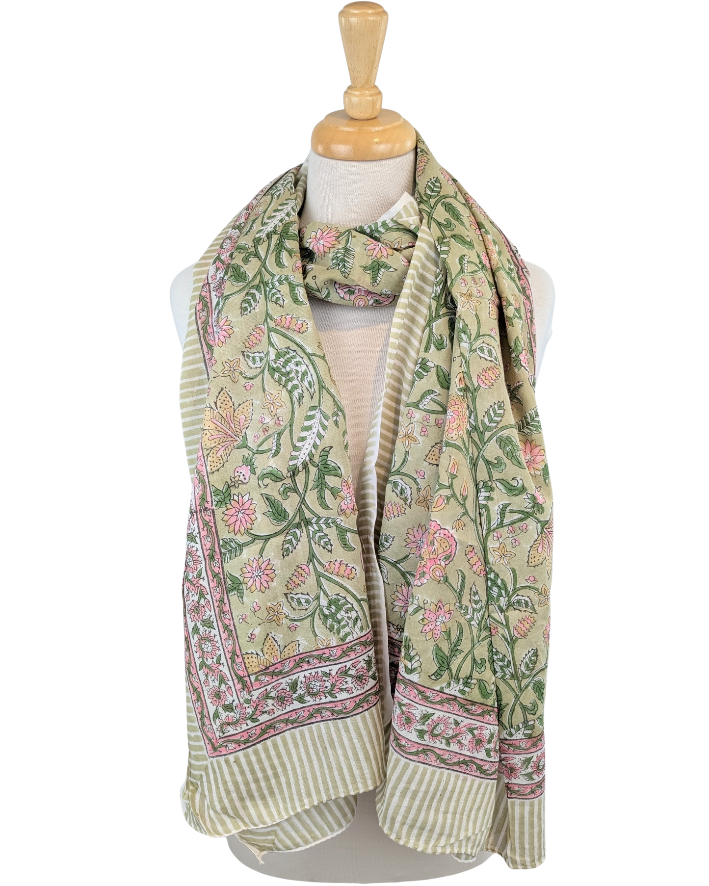 Light Green & Pink Floral Block Print Cotton Sarong Scarf