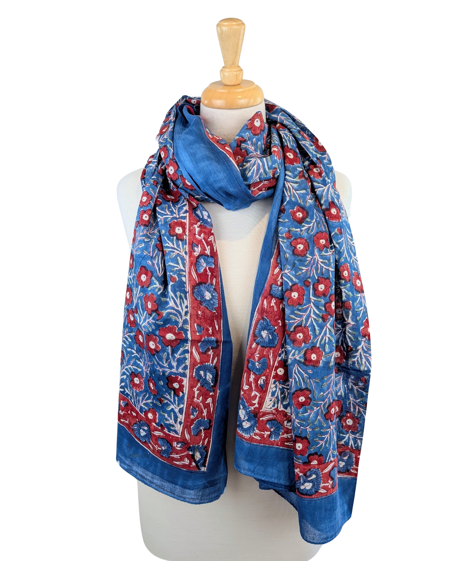 Blue & Red Floral Block Print Cotton Sarong Scarf