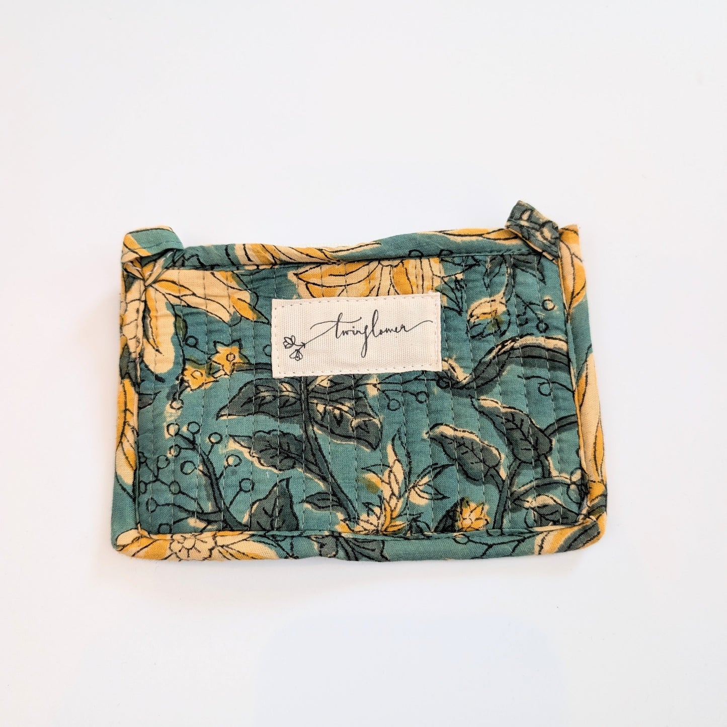 Teal & Yellow Floral Block Print Quilted Small Purse