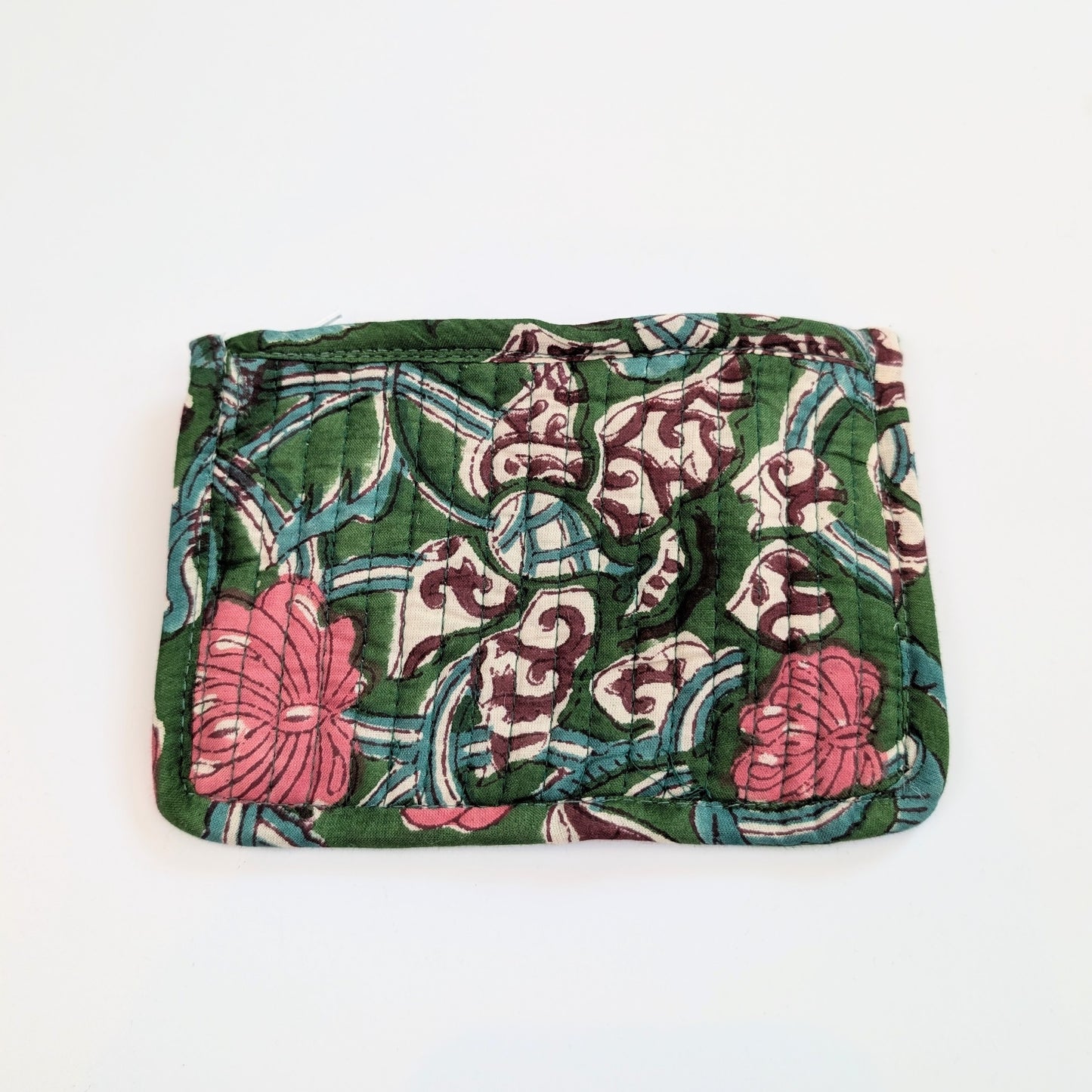 Pine Green Floral Block Print Quilted Small Purse - Precious Sparkle