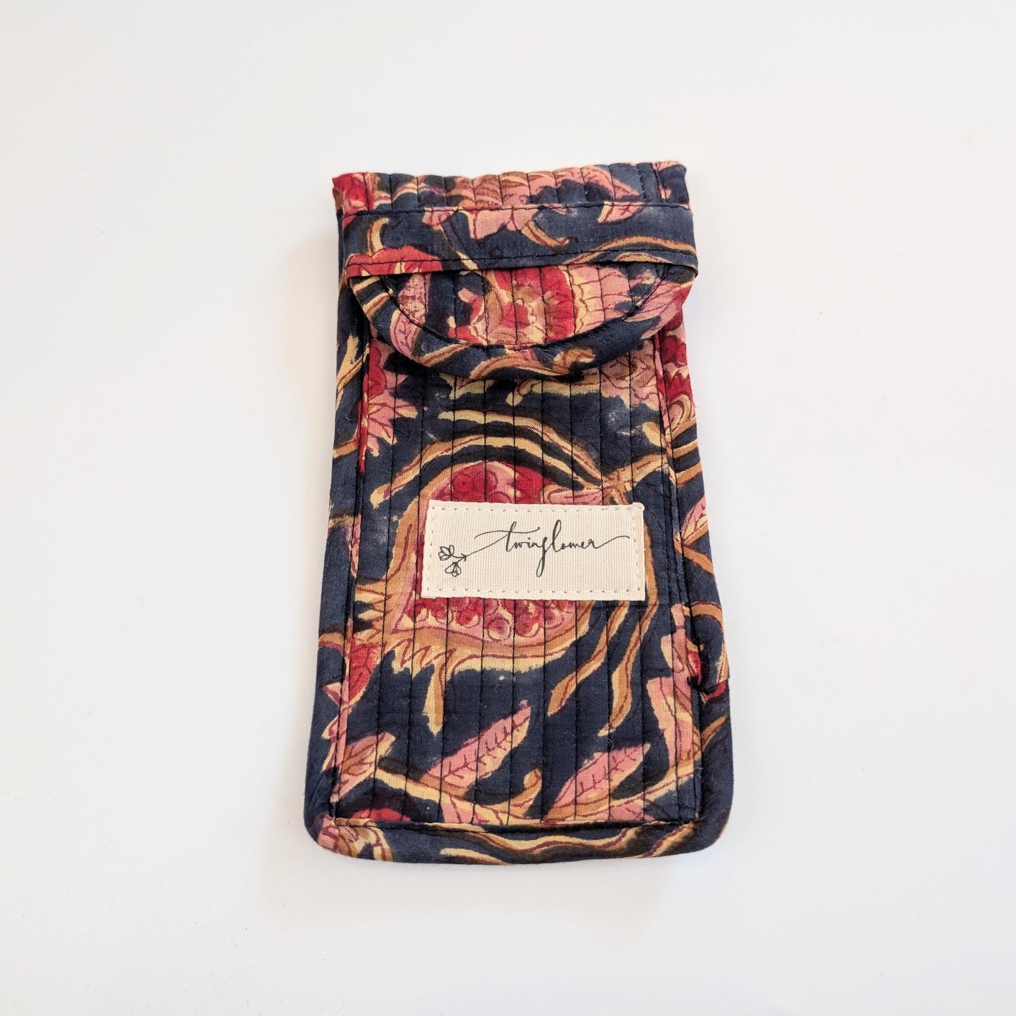 Deep Blue & Red Floral Block Print Quilted Glasses Case