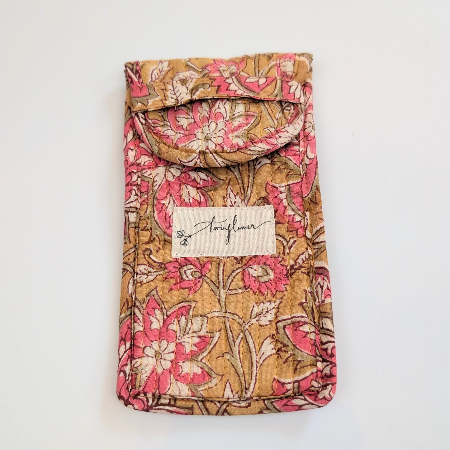 Mustard & Pink Floral Block Print Quilted Glasses Case