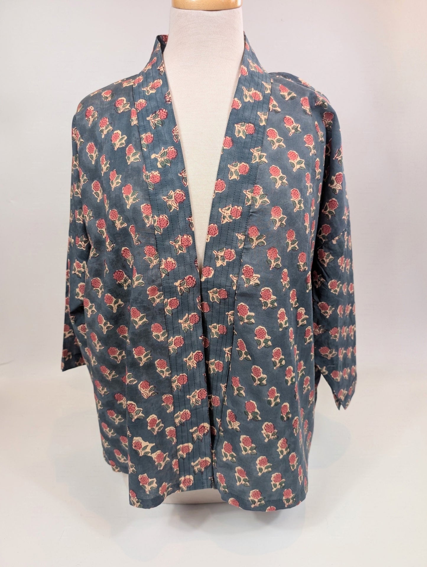 Ink Blue Cotton Kimono Jacket Indian Block Printed