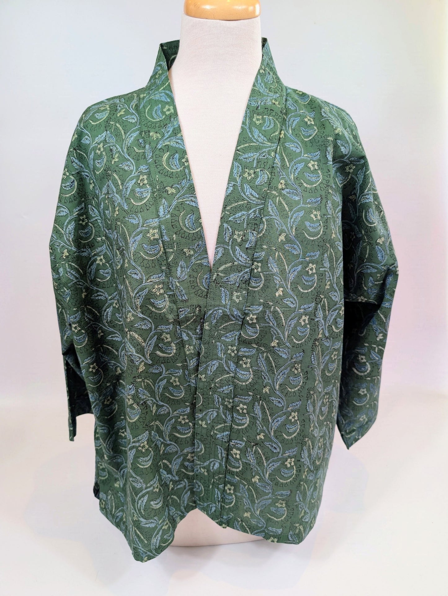 Forest Green Cotton Kimono Jacket Indian Block Printed