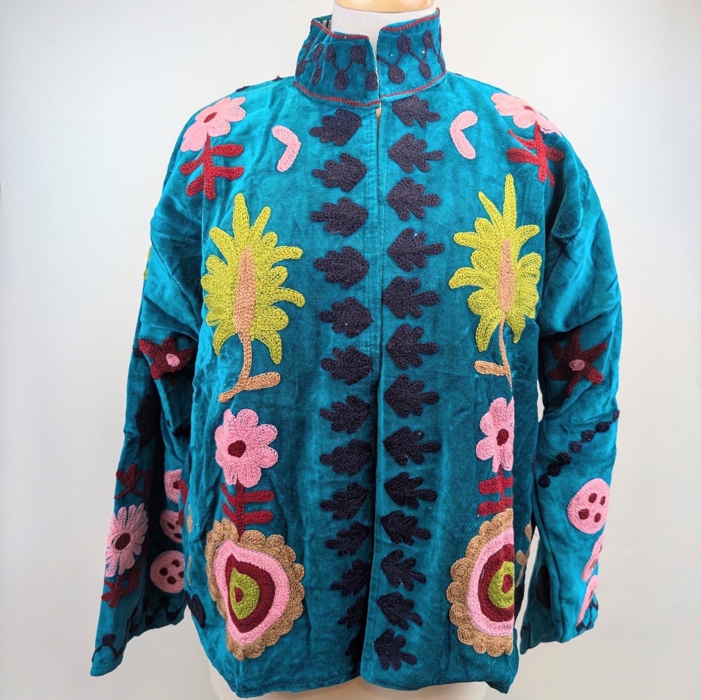 Teal LOVE Velvet Suzani Kimono Embroidered Boho Jacket