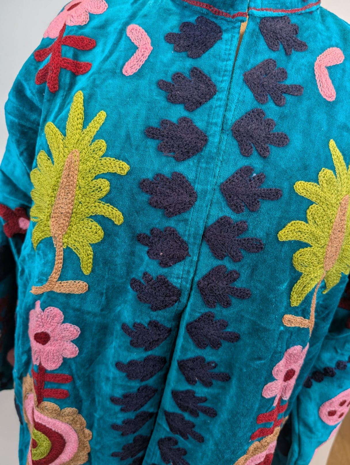 Teal LOVE Velvet Suzani Kimono Embroidered Boho Jacket