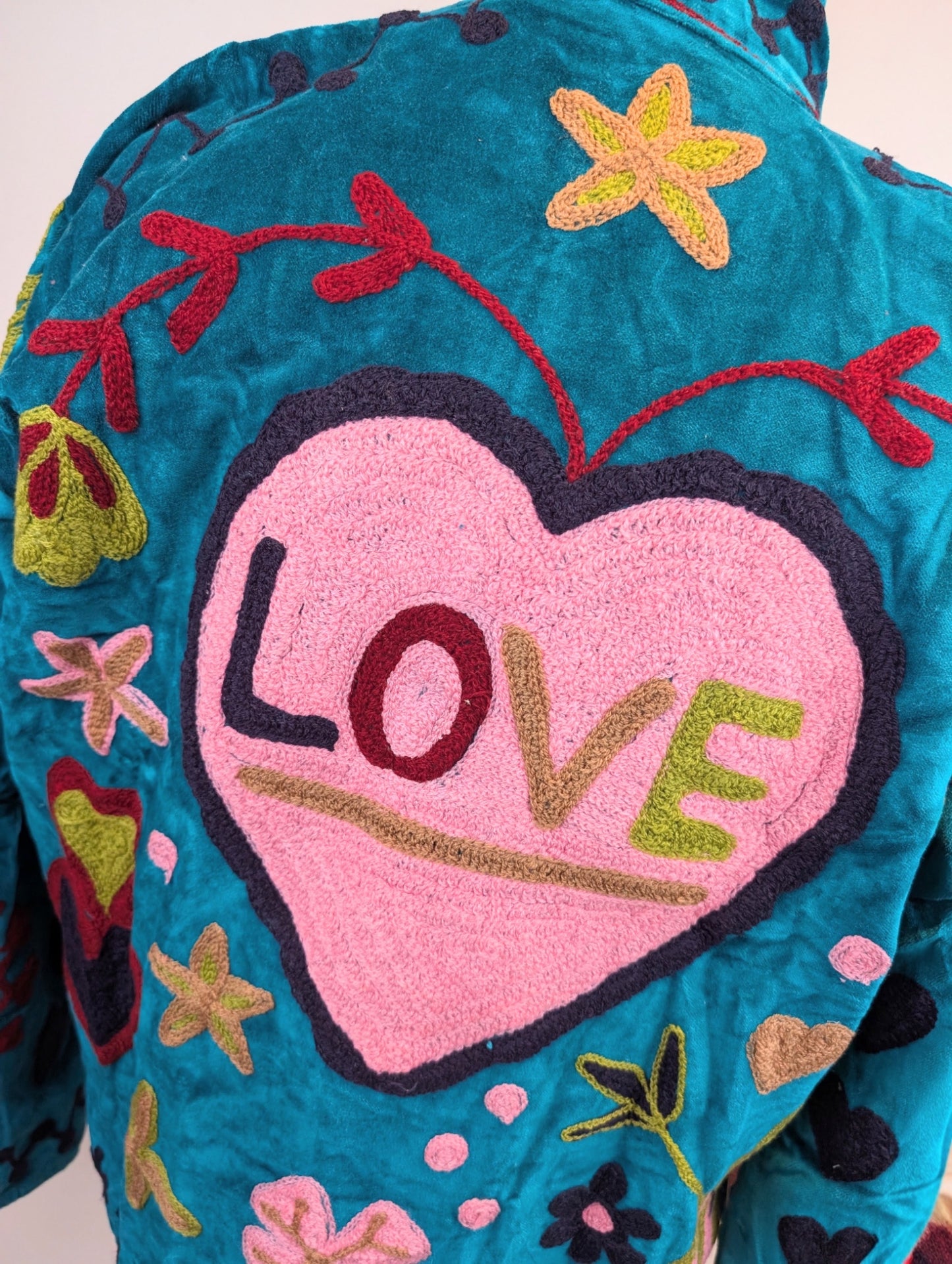 Teal LOVE Velvet Suzani Kimono Embroidered Boho Jacket