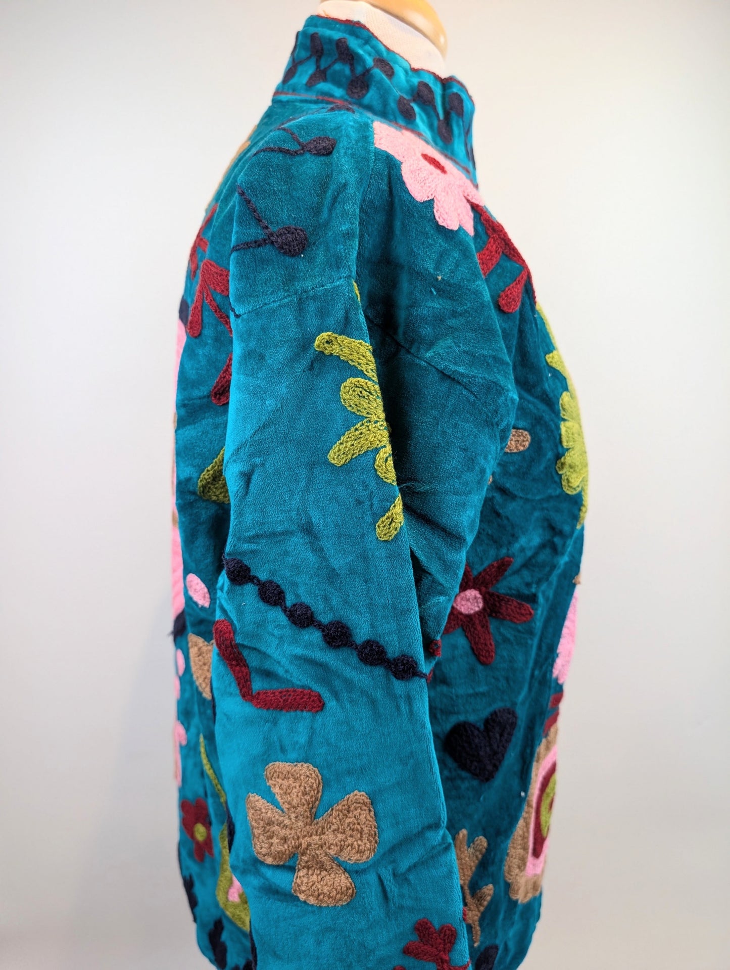 Teal LOVE Velvet Suzani Kimono Embroidered Boho Jacket