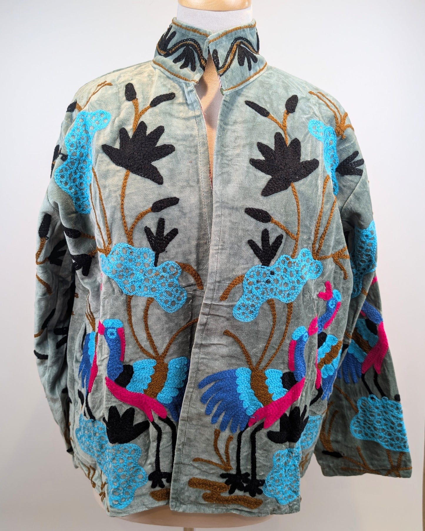 Mint Bird Velvet Suzani Kimono Embroidered Boho Jacket