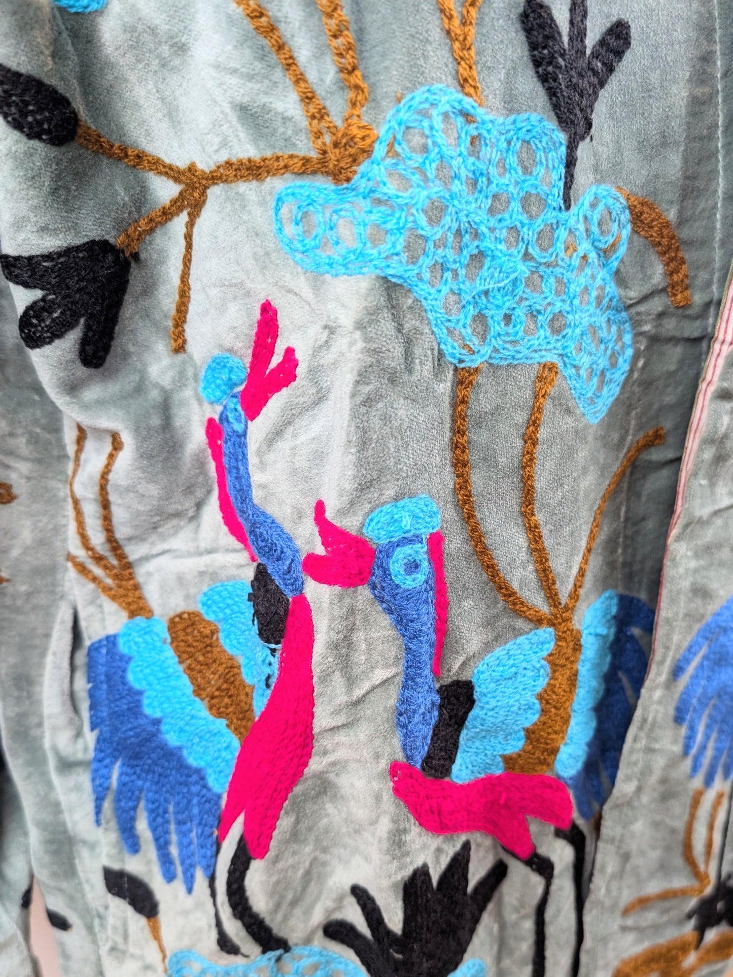 Mint Bird Velvet Suzani Kimono Embroidered Boho Jacket