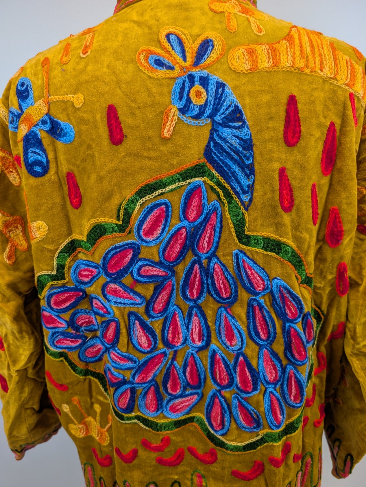 Mustard Peacock Velvet Suzani Kimono Embroidered Boho Jacket