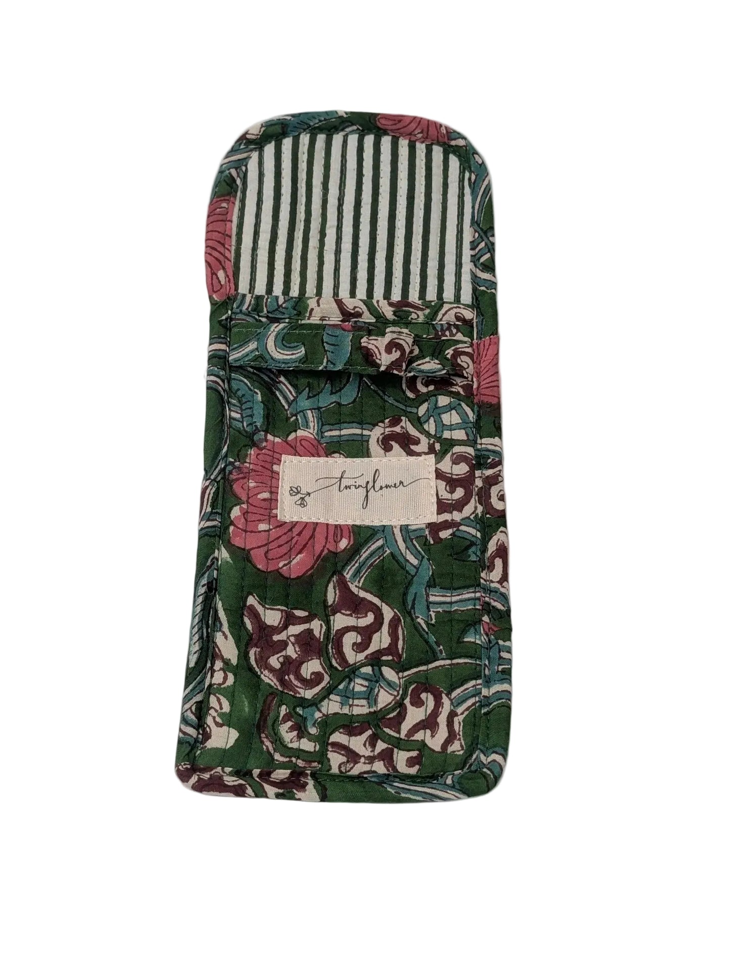 Pine Green Floral Block Print Quilted Glasses Case - Precious Sparkle