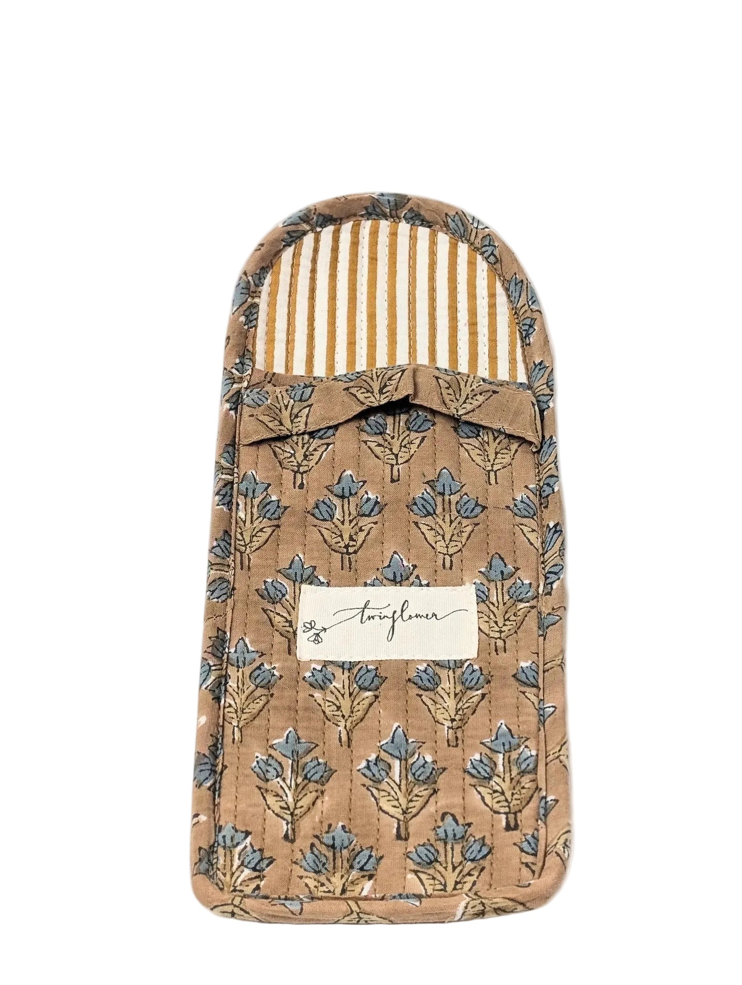 Taupe & Blue Floral Block Print Quilted Glasses Case - Precious Sparkle