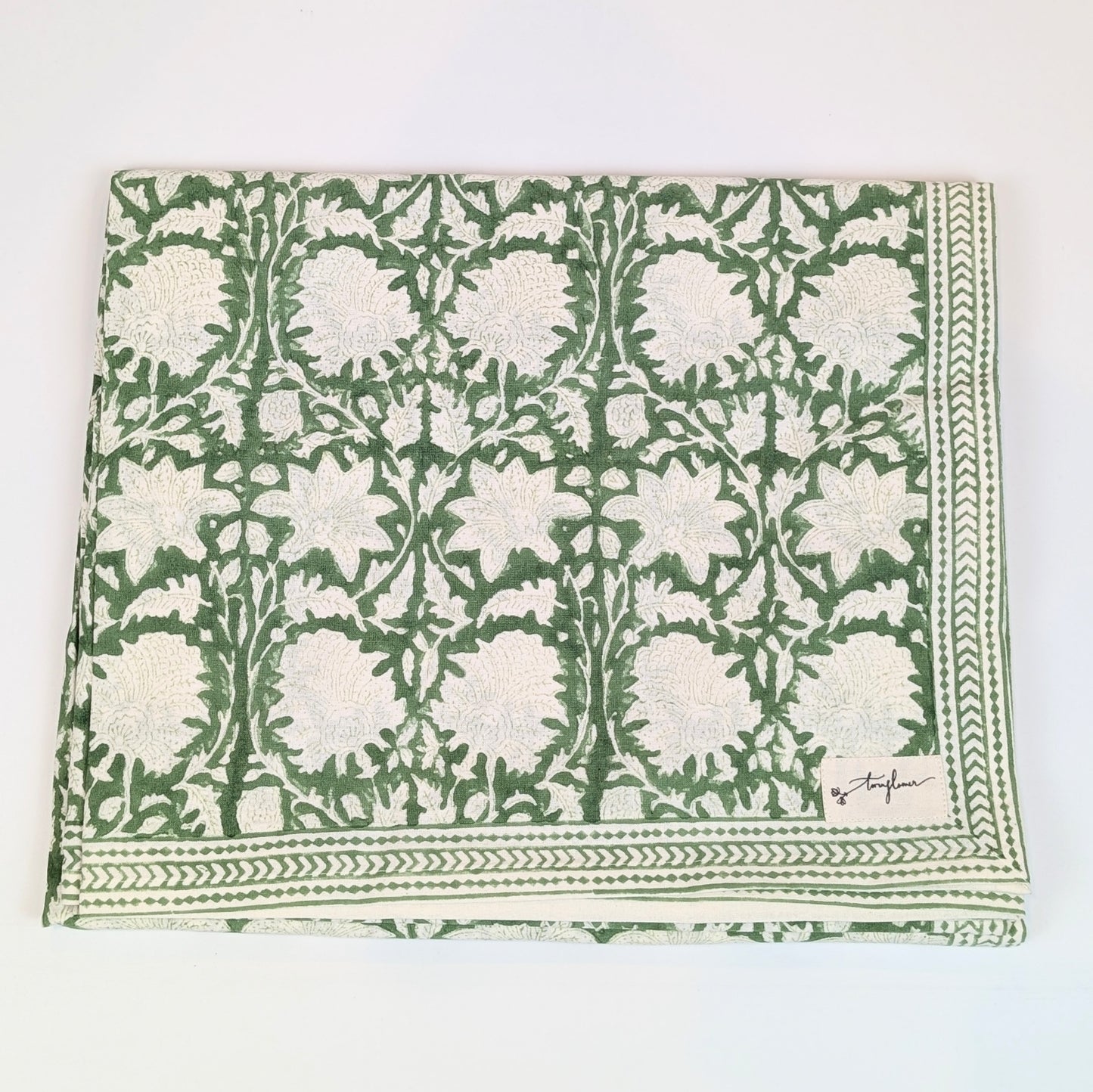 Emerald Green Block Printed Table Cloth 150x250cm