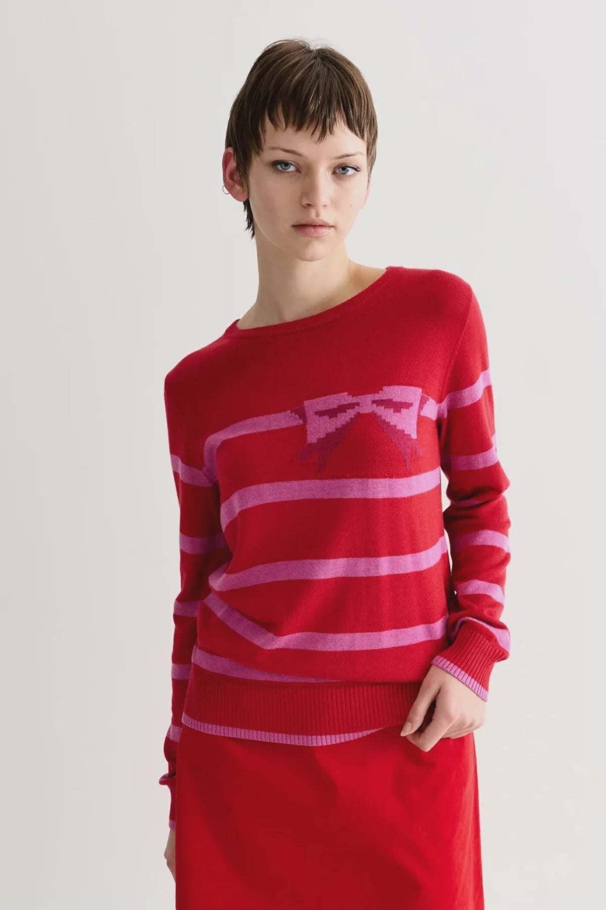 Louche Bly Bow Intarsia Striped Jumper Red
