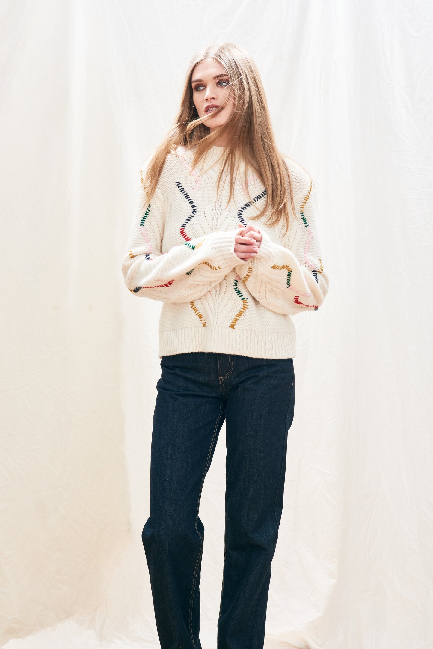 Jumper 1234 Overstitch Cream Cable Turtle Knit