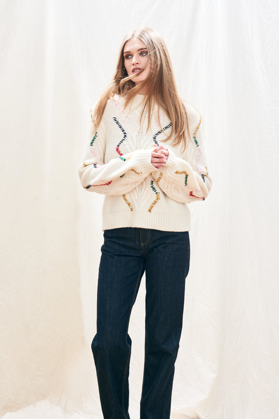 Jumper 1234 Overstitch Cream Cable Turtle Knit