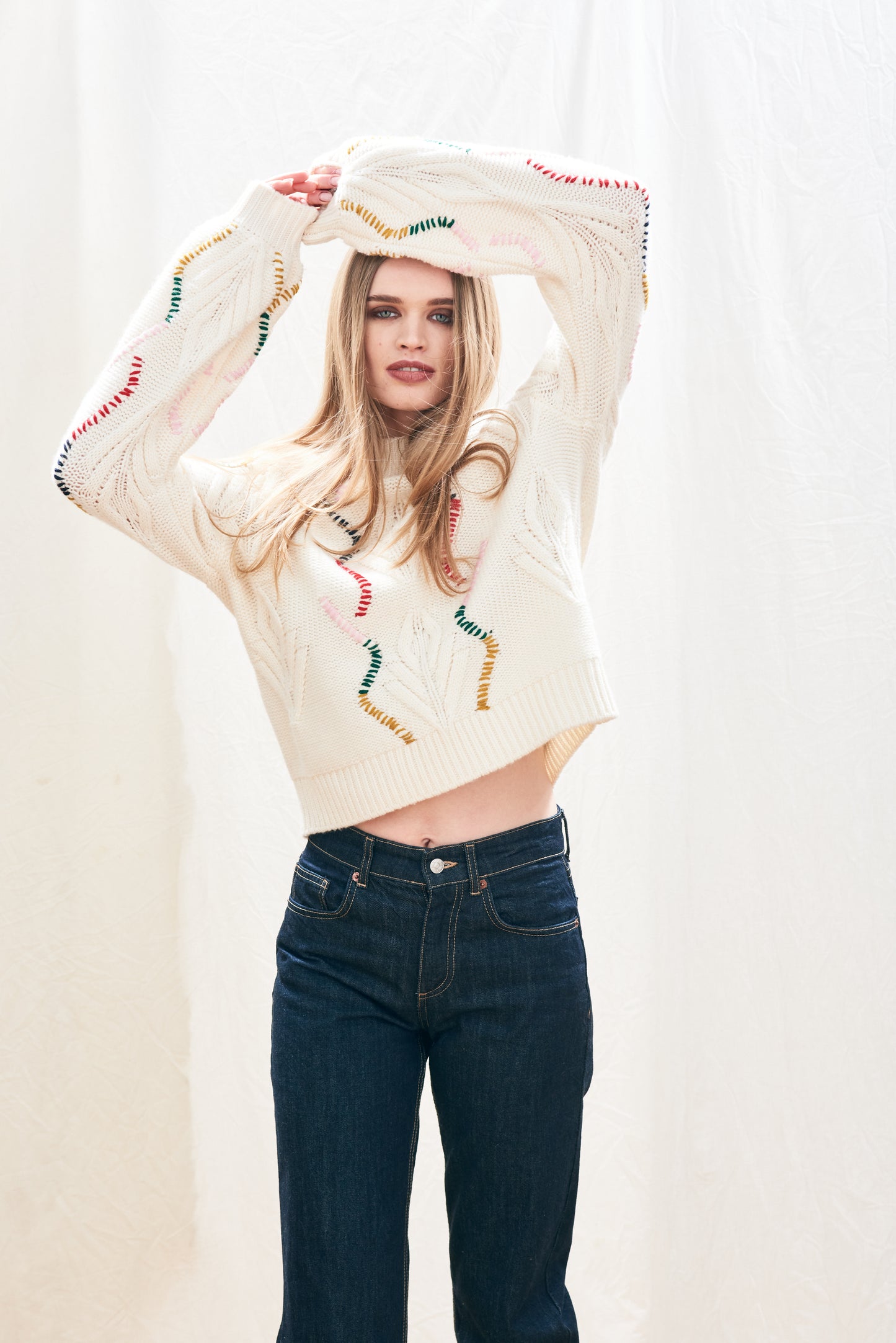 Jumper 1234 Overstitch Cream Cable Turtle Knit
