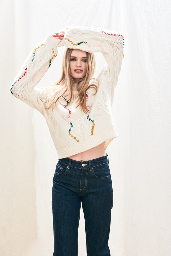 Jumper 1234 Overstitch Cream Cable Turtle Knit