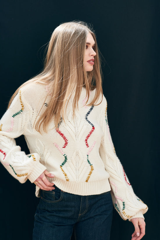 Jumper 1234 Overstitch Cream Cable Turtle Knit