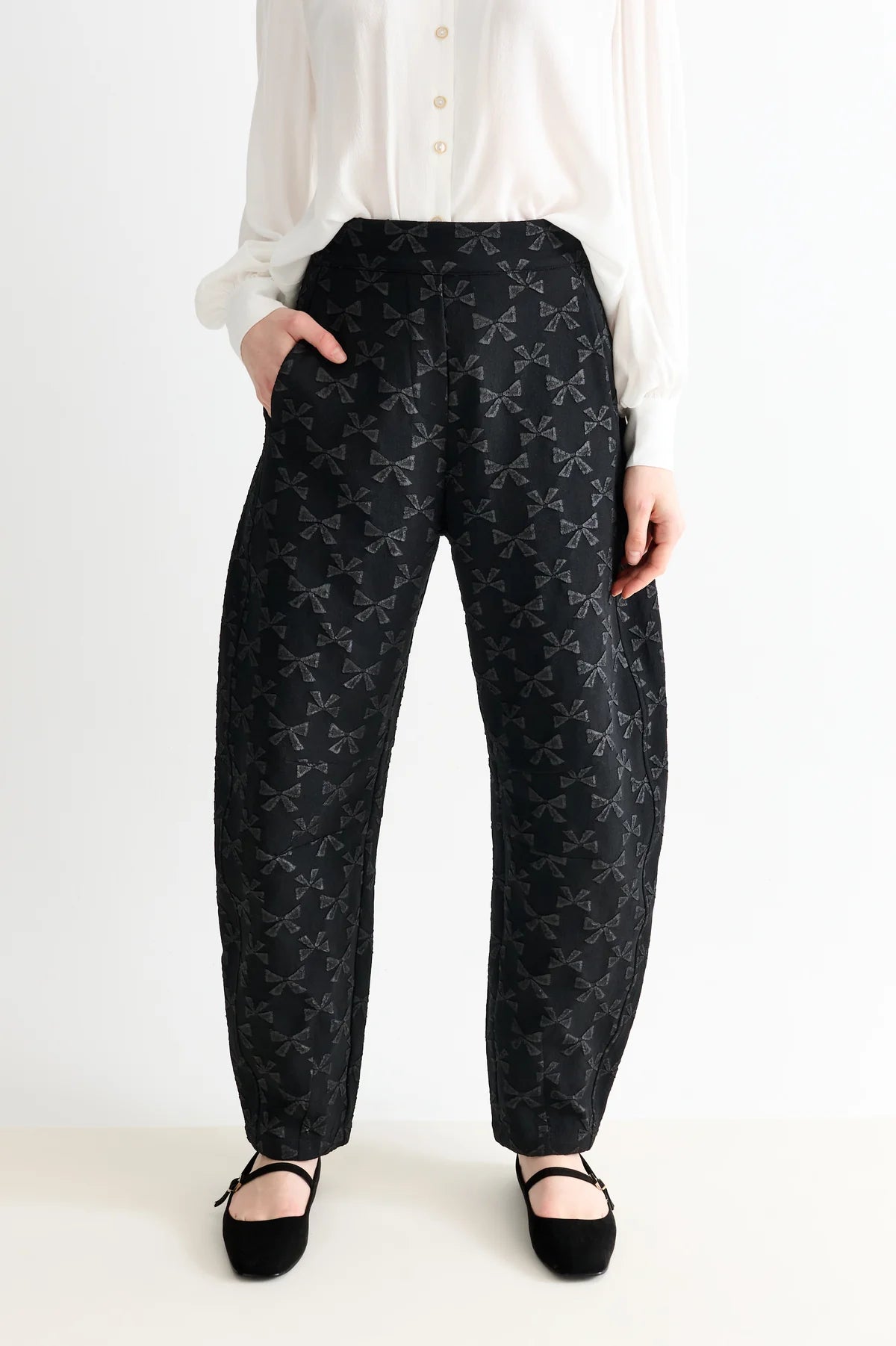 Louche Sutton Black Bow Jacquard Barrel Trousers