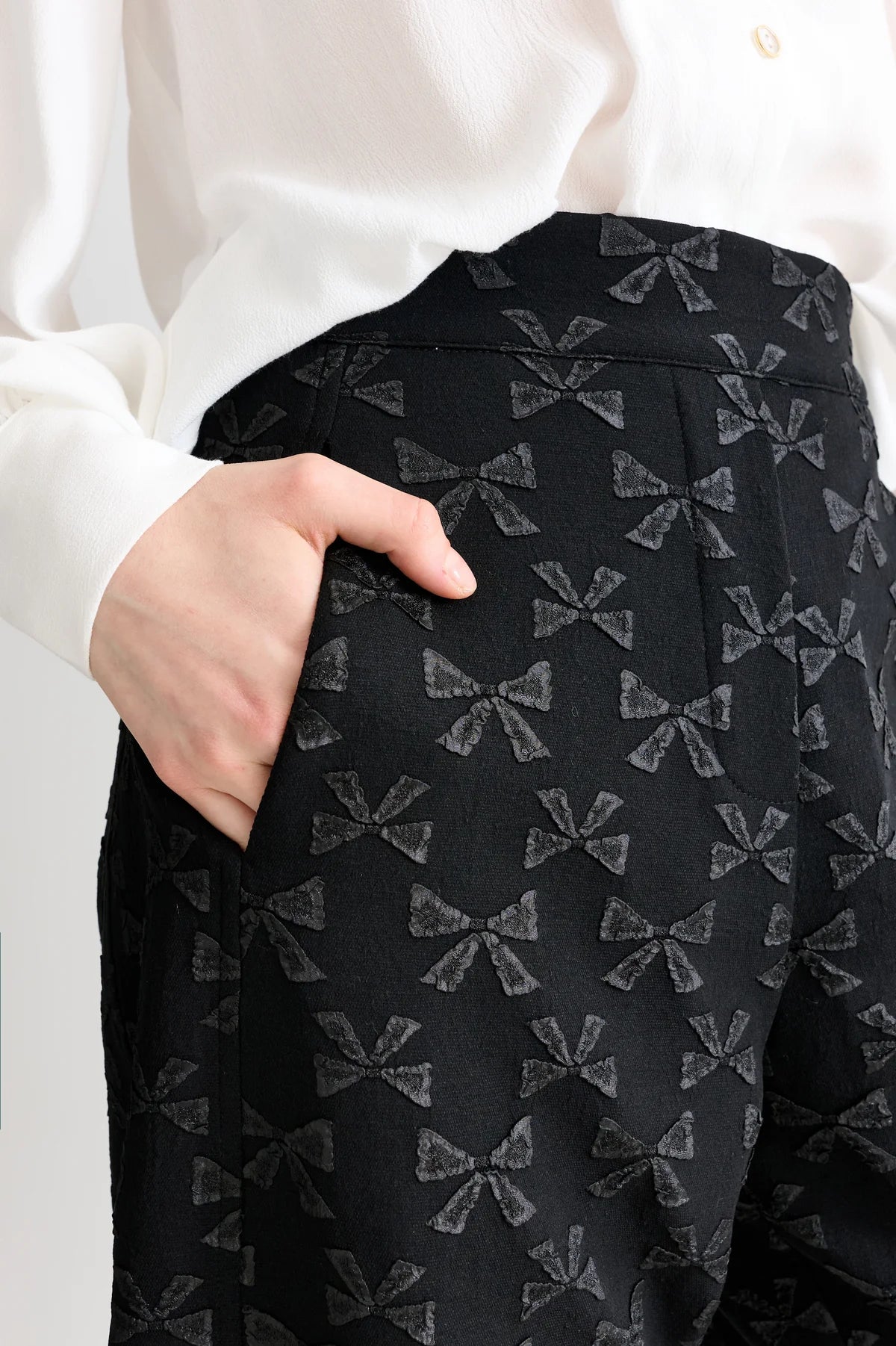 Louche Sutton Black Bow Jacquard Barrel Trousers