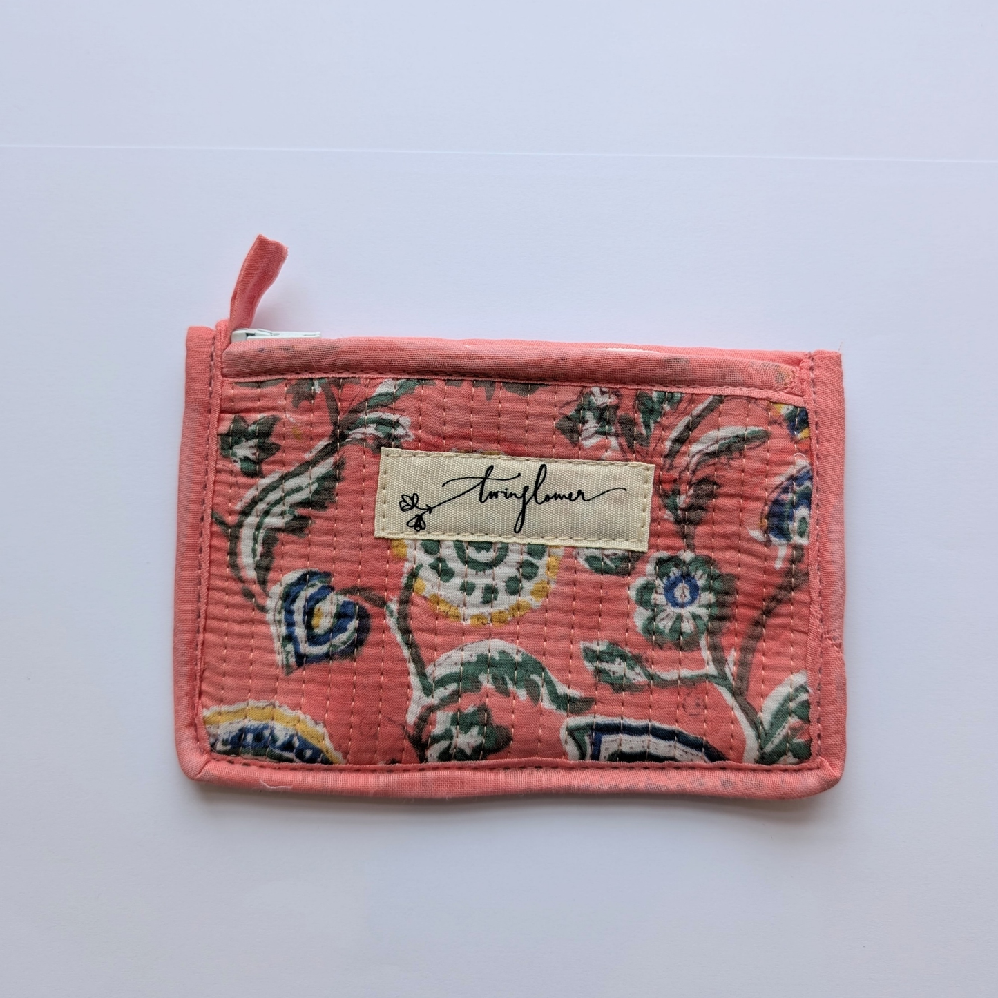 Fan Flower Pink Block Print Quilted Small Pouch Purse