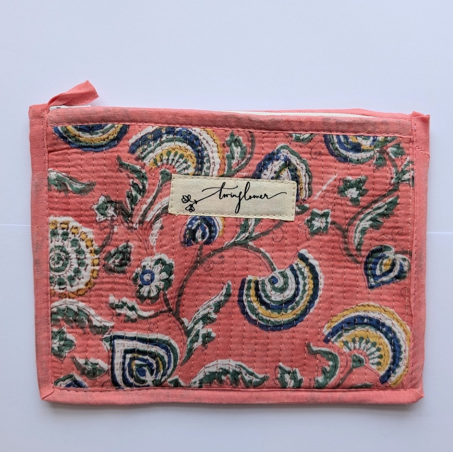 Fan Flower Pink Block Print Quilted Medium Pouch Purse