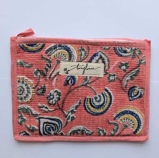Fan Flower Pink Block Print Quilted Medium Pouch Purse