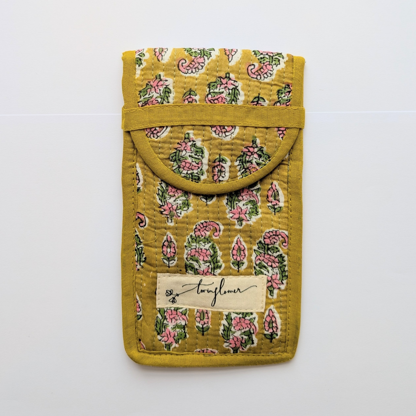 Yellow & Pink Flower Block Print Quilted Glasses Case