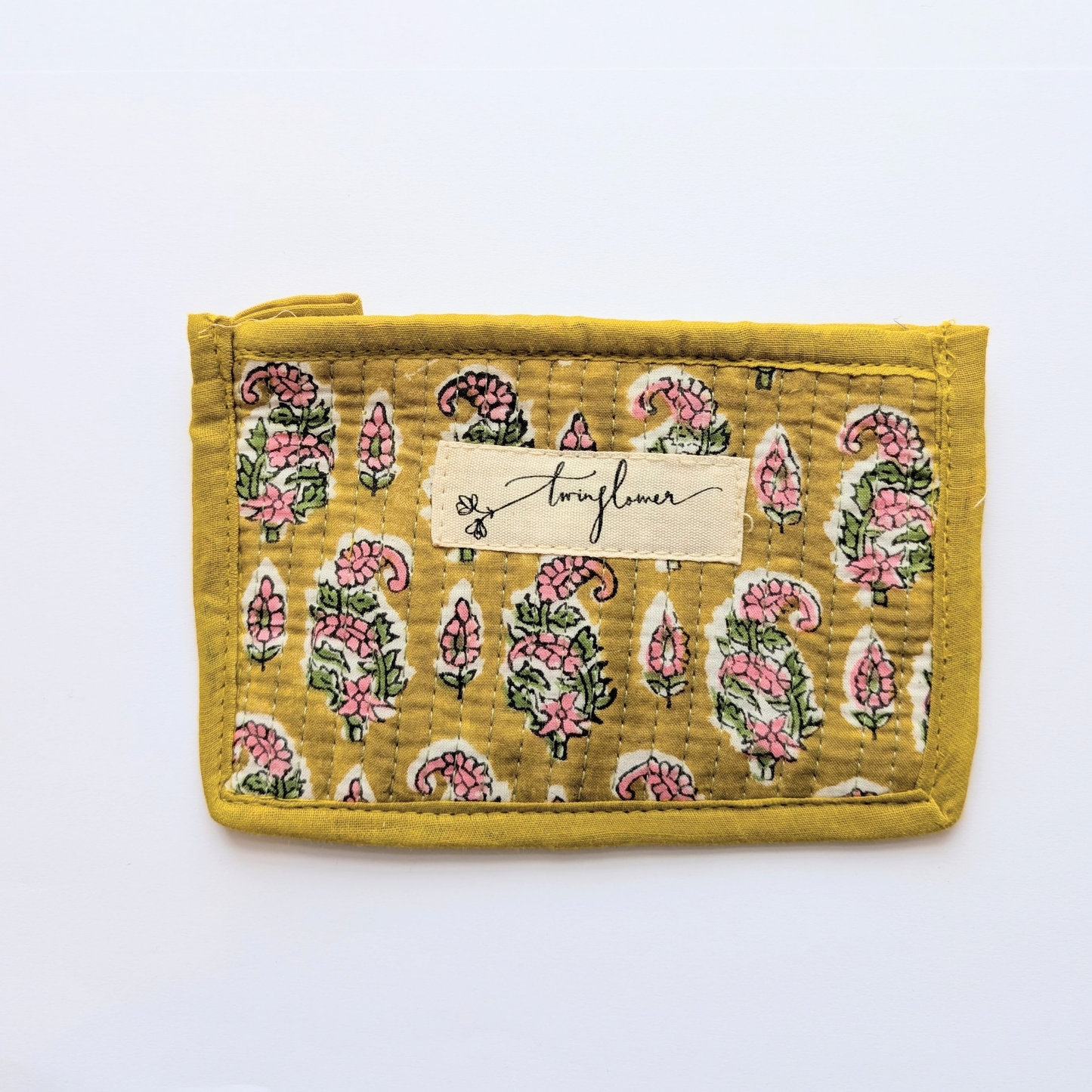 Yellow & Pink Flower Block Print Quilted Small Pouch Purse