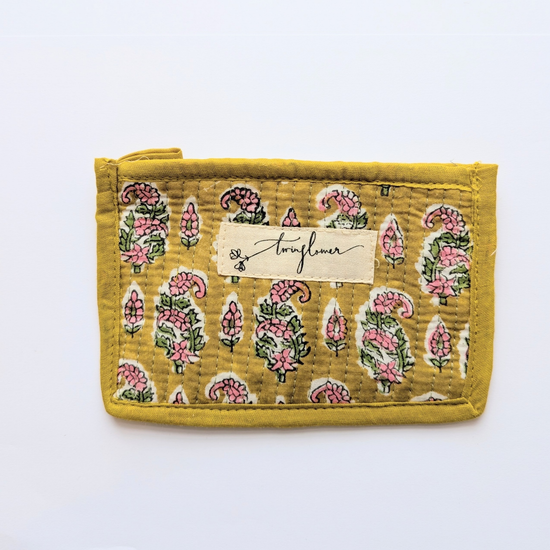 Yellow & Pink Flower Block Print Quilted Small Pouch Purse