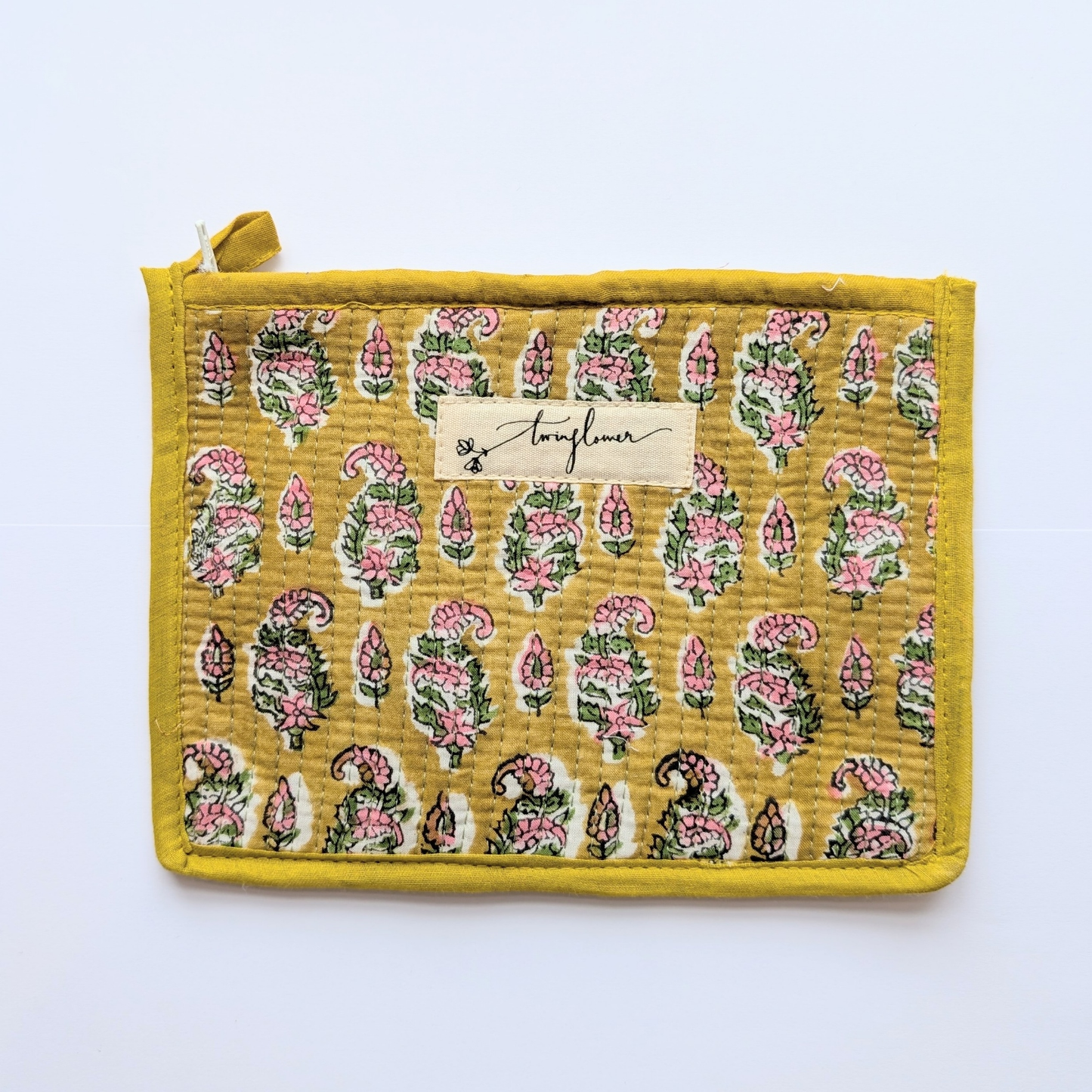 Yellow & Pink Flower Block Print Quilted Medium Pouch Purse