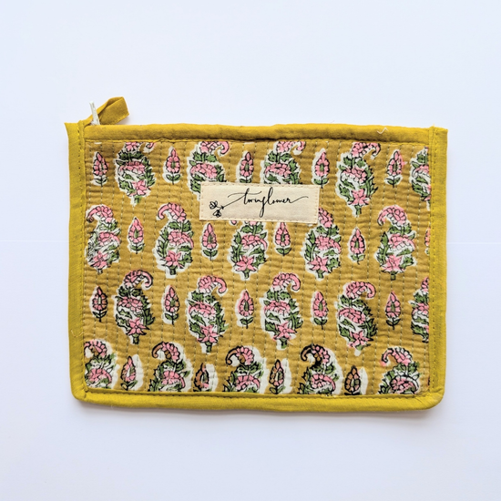 Yellow & Pink Flower Block Print Quilted Medium Pouch Purse