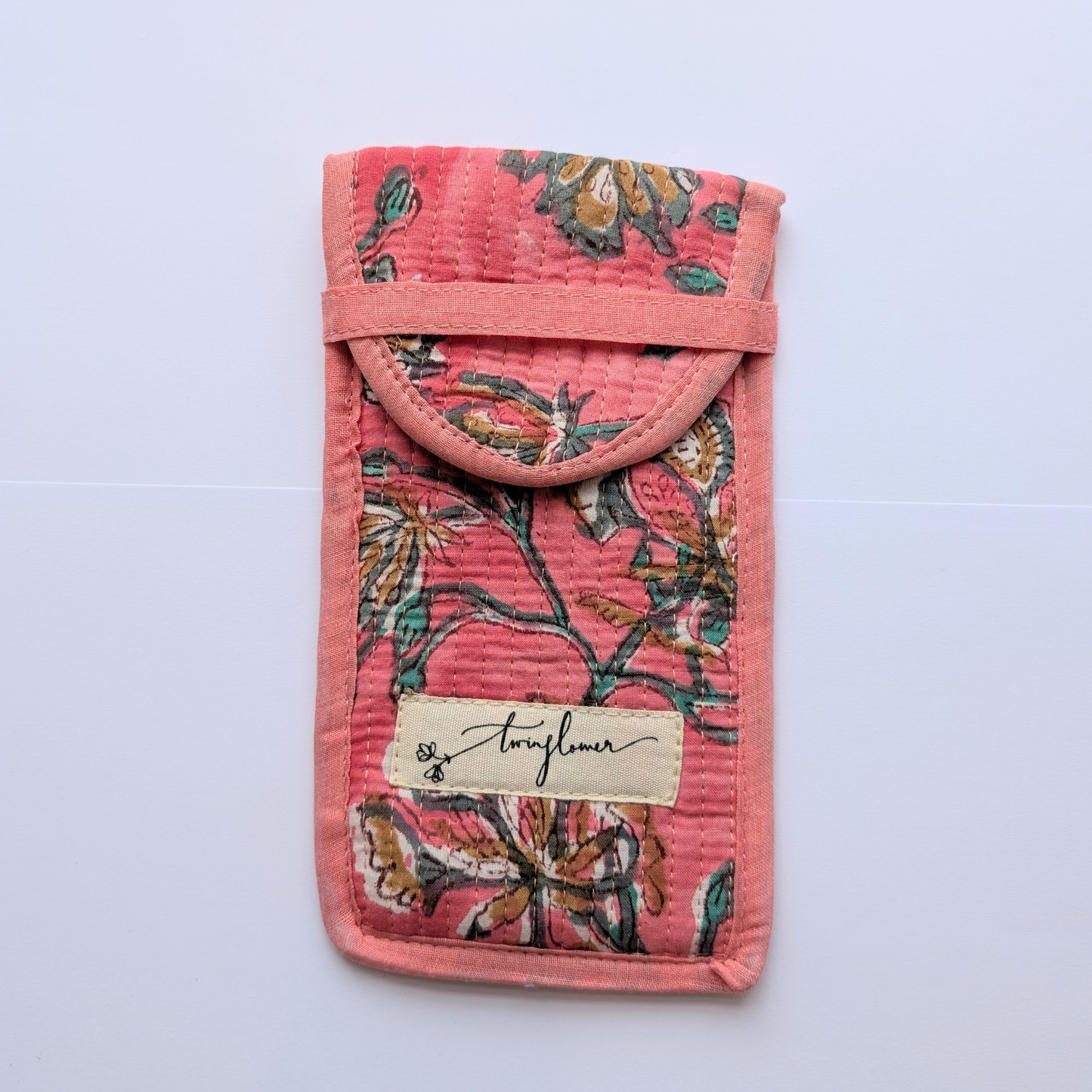 Pink Floral Flower Block Print Quilted Glasses Case