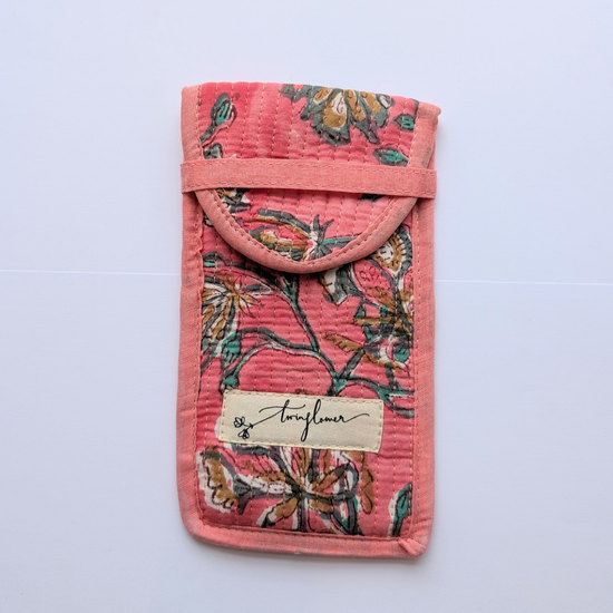 Pink Floral Flower Block Print Quilted Glasses Case