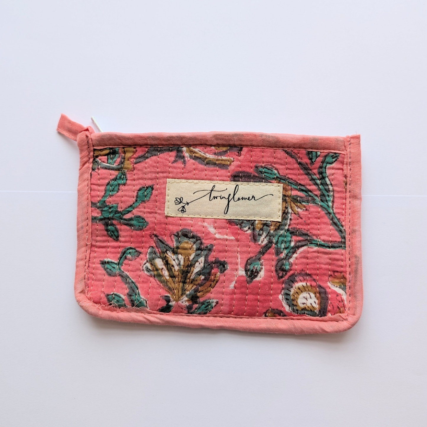 Pink Floral Block Print Quilted Small Pouch Purse